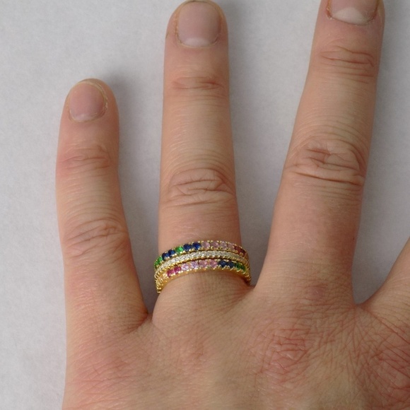 new in box! set of 3 stacking rings gold with rainbow diamonds cz eternity band - Picture 6 of 6